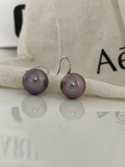 Platinum Plated Silver Hook Earrings with 12mm Purple Edison Pearl